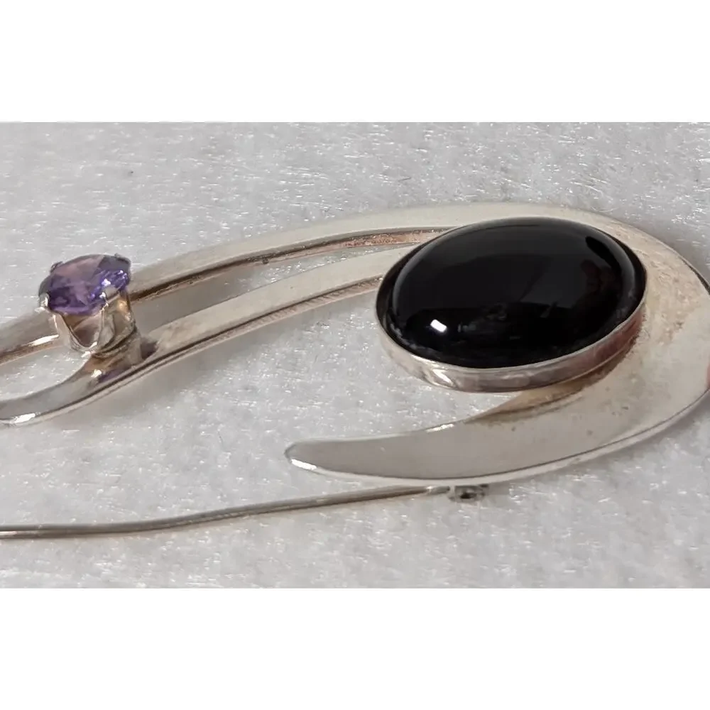 Sterling silver black onyx + amethyst Pin Handmade Large see photos measurements